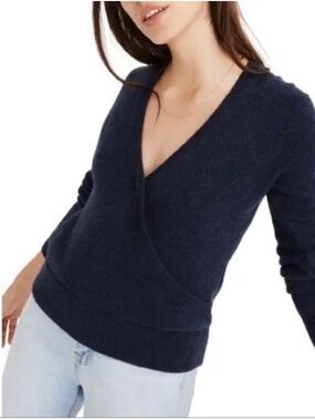 Madewell Wrap-Front Sweater in Coziest Yarn Alpaca Blend Navy Size Medium